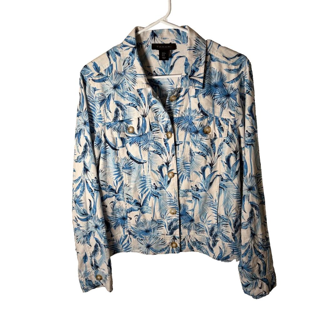 Tahari Jacket Women's Medium Blue Floral Linen Blend Collared Casual Top